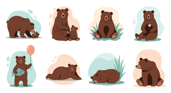 Collection of charming brown bear cartoon characters in various poses, including a mother with her cub, sleeping, sitting, and holding a balloon.