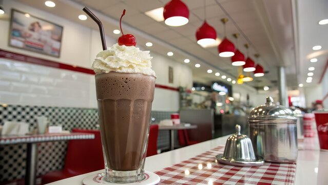 Chocolate milkshake with whipped cream and cherry served in retro diner setting, ideal for vintage cafe advertising, dessert menus, soda fountain branding, and nostalgic food content