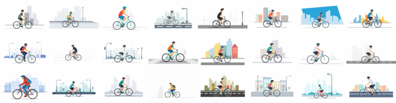 Collection of Flat Illustrations: Cyclists Riding Bicycles in Cityscapes for Commuting, Sport, and Urban Mobility.