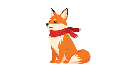 Obraz premium Adorable cartoon red fox wearing a cozy red winter scarf, sitting politely with a gentle smile and a fluffy tail on a white background.