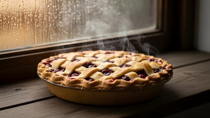 Freshly baked cherry pie steaming on a wooden table by a rainstreaked window, creating a cozy and inviting atmosphere on a gloomy day