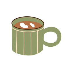 Flat cartoon vector illustration of cozy ceramic mug with coffee or tea, warm home atmosphere, simple minimal style, calm comfort mood for cafe graphics, cozy decor projects, hot beverage icon
