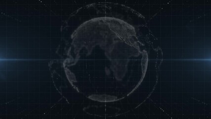 A futuristic digital globe visualization with a wireframe Earth, data points, and grid lines, representing global connectivity, technology, and data networks - Powered by Adobe