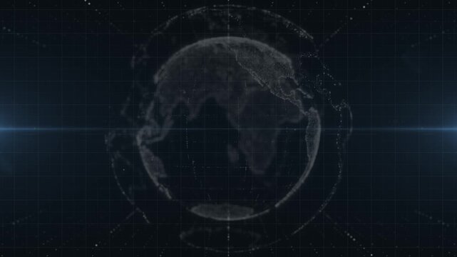 A futuristic digital globe visualization with a wireframe Earth, data points, and grid lines, representing global connectivity, technology, and data networks