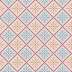 winter repetitive background. snowflakes from hand drawn pixels. vector seamless pattern. modern decorative art. geometric fabric swatch. embroidery template. blue, red textile design
