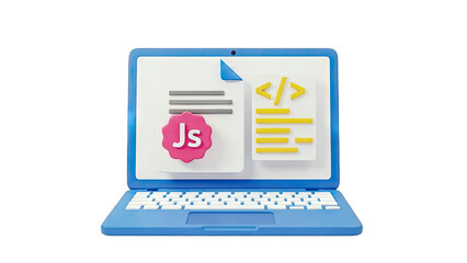Laptop displaying Javascript code and documents - Programming concept