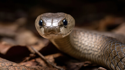 Fototapeta premium An alert brown snake with its head raised in its natural habitat, a detailed portrait of the wild reptile with sharp focus and earthy tones