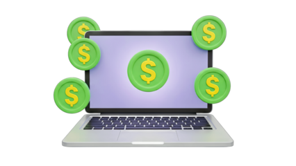 Laptop with Dollar Coins Floating - Online Finance Concept