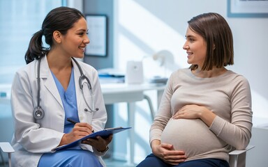 Fototapeta premium A friendly doctor in a white lab coat shares a smile while consulting with her pregnant patient in a bright clinic.