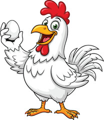 Cartoon chicken with egg, farm animal illustration, editable, vector, isolated, white hen clipart, cheerful poultry character design