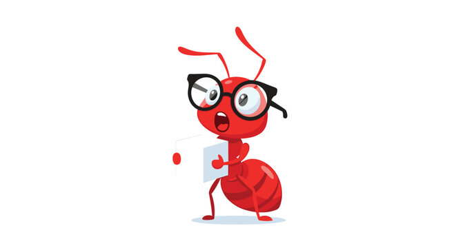 A very surprised and shocked cartoon red ant character, with its glasses askew, looking at something on a piece of paper it holds.