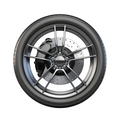 Obraz premium Car tire on alloy wheels with disc brake an isolated on background.