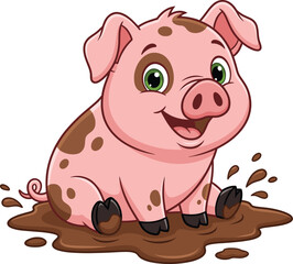 Cartoon pig in mud illustration, pink pig with brown spots, smiling face, playful farm animal, children’s vector graphic