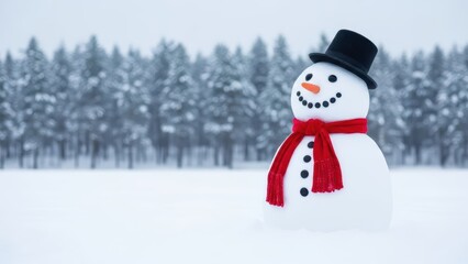 Fototapeta premium Cheerful snowman in red scarf and black top hat in a snowy forest landscape