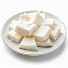 Pile of pristine white coconut chunks on a plate, presented against a clean white background