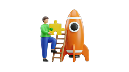 Man Assembling Puzzle Piece on Rocket: Startup Concept