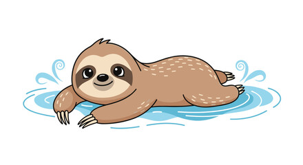 Naklejka premium A cute and relaxed cartoon sloth happily floating or swimming on its back in calm blue water, with a content smile on its face.