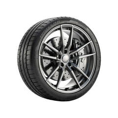 Fototapeta premium Car tire on alloy wheels with disc brake an isolated on background.