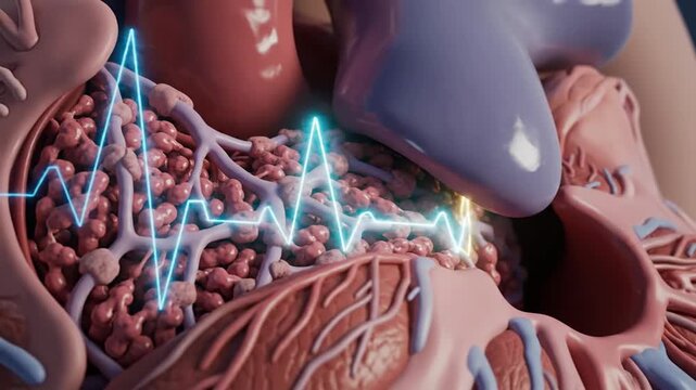 Animated 3D model of the atrioventricular junction with ECG overlay