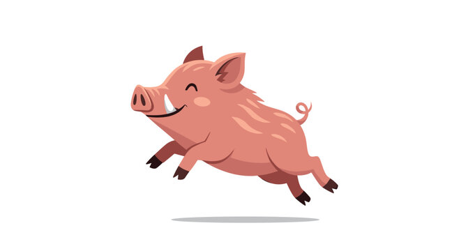 A joyful and energetic cartoon wild boar or piglet with a happy, smiling face, captured mid-air while happily leaping or running.