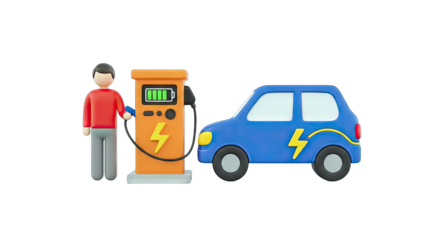 Man Charging Electric Car at Charging Station - 3D Render