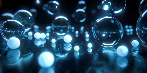 Abstract floating translucent blue spheres and balls on reflective surface composition