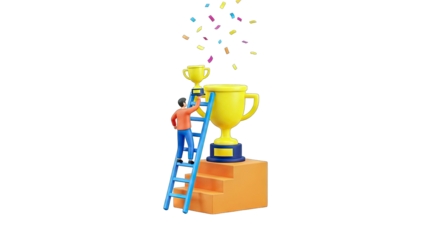 Man Climbing Ladder to Place Trophy on Podium with Confetti