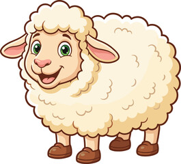 Cartoon sheep illustration, friendly farm animal, children’s clipart, editable, vector, isolated, fluffy character, playful design, green eyes