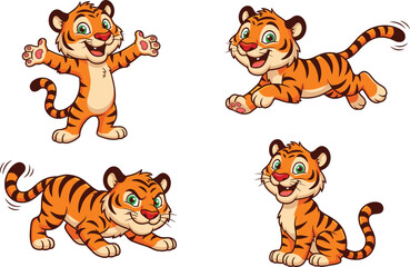 Cartoon tiger illustration set, playful poses, orange black white design, cute animal character, children’s graphic, vector style