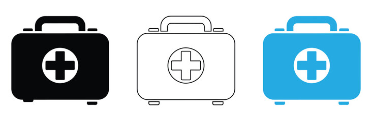 First aid kits in black, white, and blue for medical emergencies,First aid kit icon. Simple first aid kit icon for social media, app and web design. Vector illustration.first aid box icon