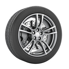 Obraz premium Car tire on alloy wheels with disc brake an isolated on background.