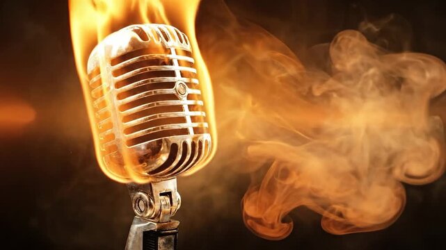 A fiery microphone surrounded by flames and smoke, exuding energy.