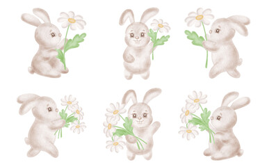 Set of cute bunnies with daisy flowers watercolor illustrations for kids design. Funny rabbits drawing for baby themes. Hand-drawn isolated clip art of little animal easter hare for sticker, postcard.