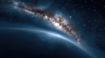 Obraz premium Milky way galaxy stretches across starry night sky above planet horizon, cosmic wonder and deep space beauty