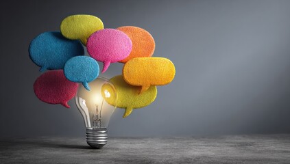 A glowing lightbulb with colorful speech bubbles emerging from it, symbolizing creative ideas and communication.
