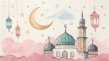 Watercolor Islamic mosque with crescent moon and lanterns among pink clouds.