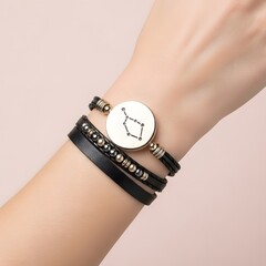Minimalist Zodiac Bracelet with Leather Wrap Bands on Female Wrist