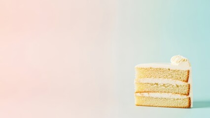 Fototapeta premium Minimalist vanilla layer cake slice with frosting against pastel background