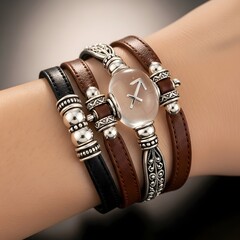 Luxury Women&rsquo;s Leather Wrap Bracelet with Zodiac Glass Charm