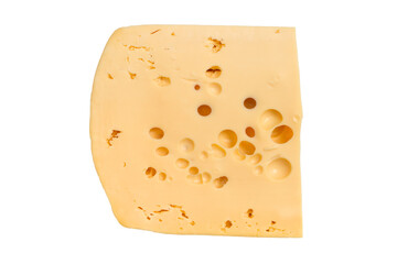 A piece of gouda cheese on a white background. Hard cheese with holes isolated