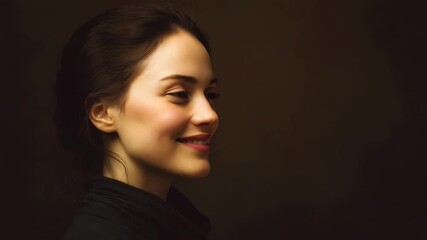 Woman with long hair looking to the side in soft lighting, captured in a simple setting that highlights her profile features and natural skin tone