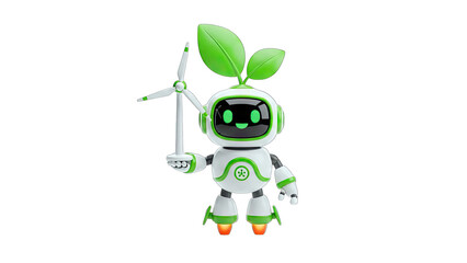 Eco-Friendly Robot Holding Wind Turbine on White