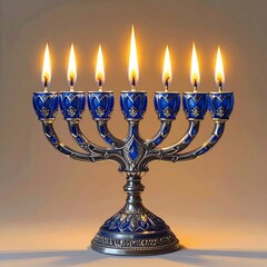 Fototapeta premium Lit Decorative Candlestick with Blue Enamel and Bright Flames