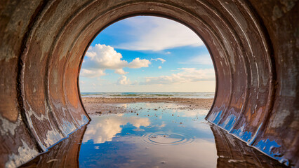 A unique shot taken from inside a rusty metal pipe, creating a natural circular frame for a picturesque seascape. In the foreground is a small puddle with a clear reflection of the blue sky and fluffy