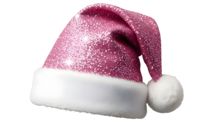 Sparkling Pink Glitter Santa Hat with White Trim and Pom-Pom isolated PNG with Transparent Background