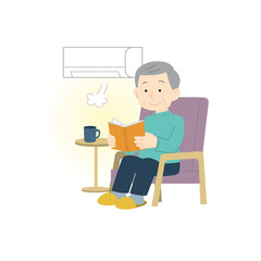 暖かい部屋でくつろぐシニア男性のイラスト｜冬の室内生活