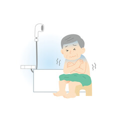 寒い浴室で震えるシニア男性のイラスト｜冬の入浴事故対策