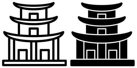 Traditional Asian Pagoda Temple Line and Solid Icon Set