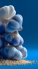 Pile of Fresh Garlic Bulbs on Blue, White Food Ingredient Still Life