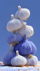 Tower of Garlic Heads Stacked White and Blue Veggies Against Blue Sky